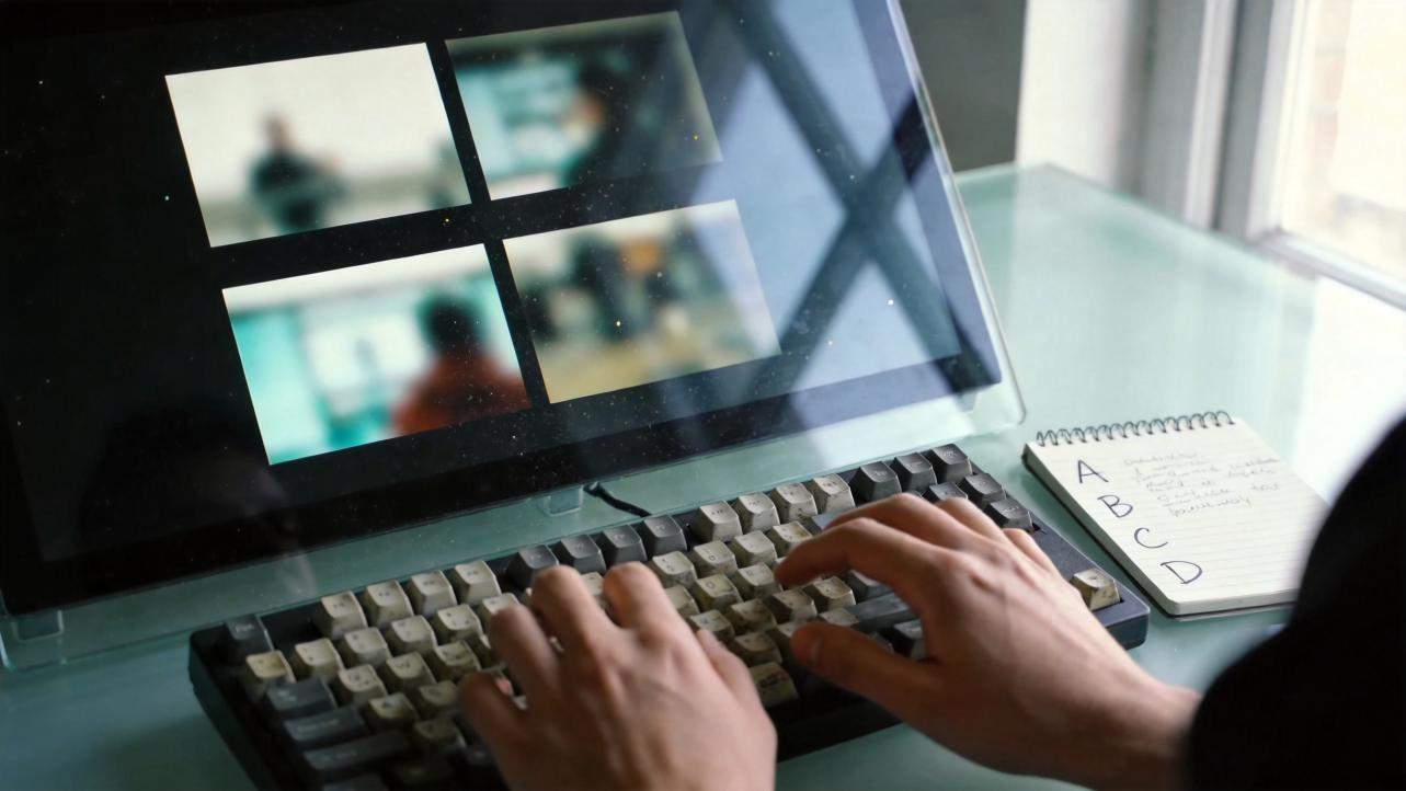 Hands typing on a keyboard beside a monitor showing four blurred video thumbnails and a notepad labeled A to D