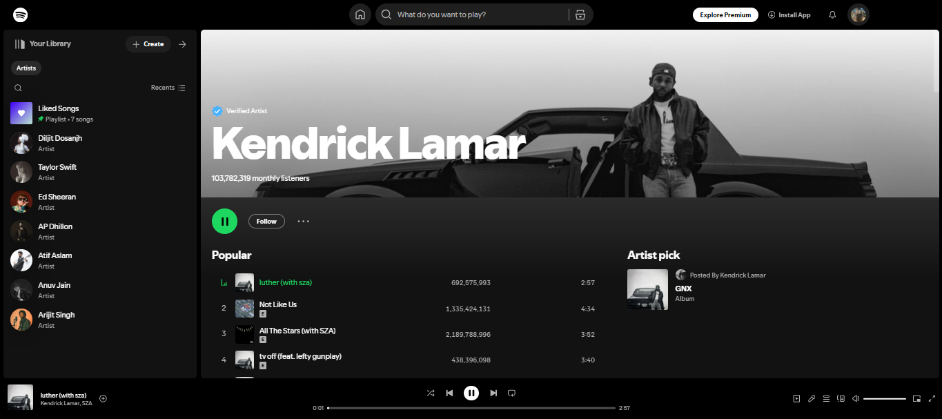 Kendrick Lamar - incluido entre los 100 artistas más escuchados en Spotify