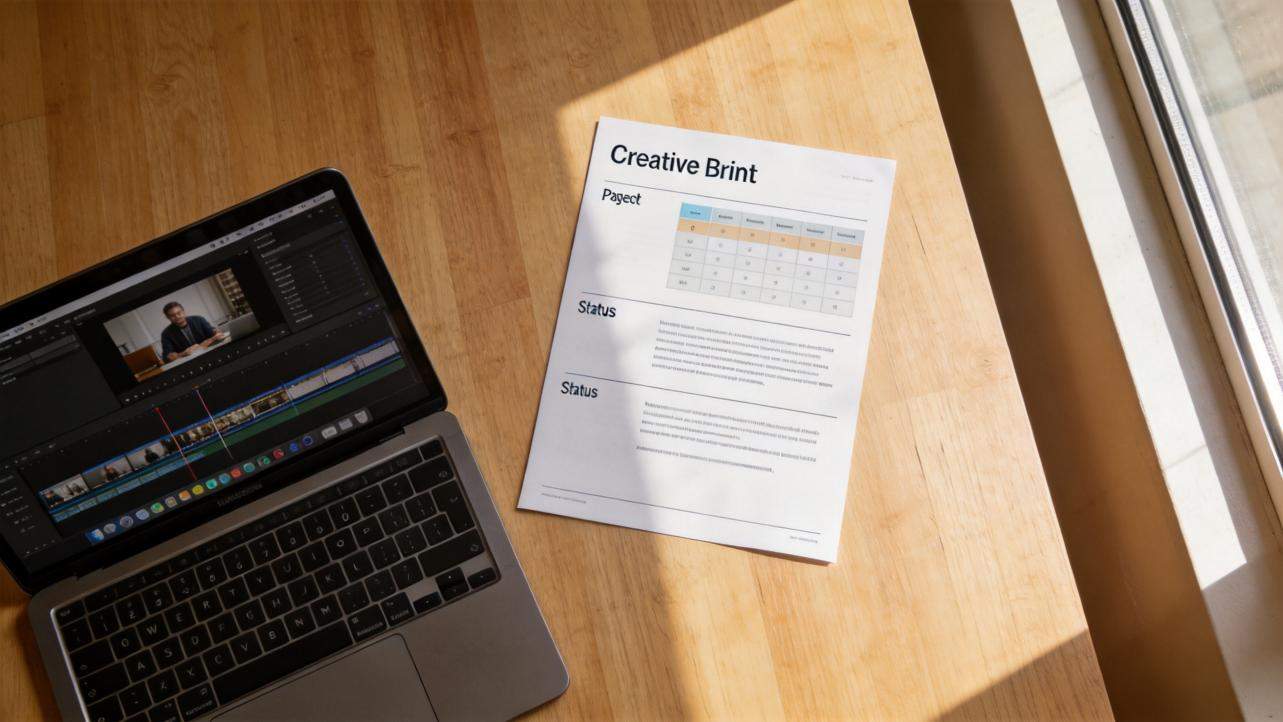 Laptop with video editing timeline beside a creative brief document on a sunlit desk