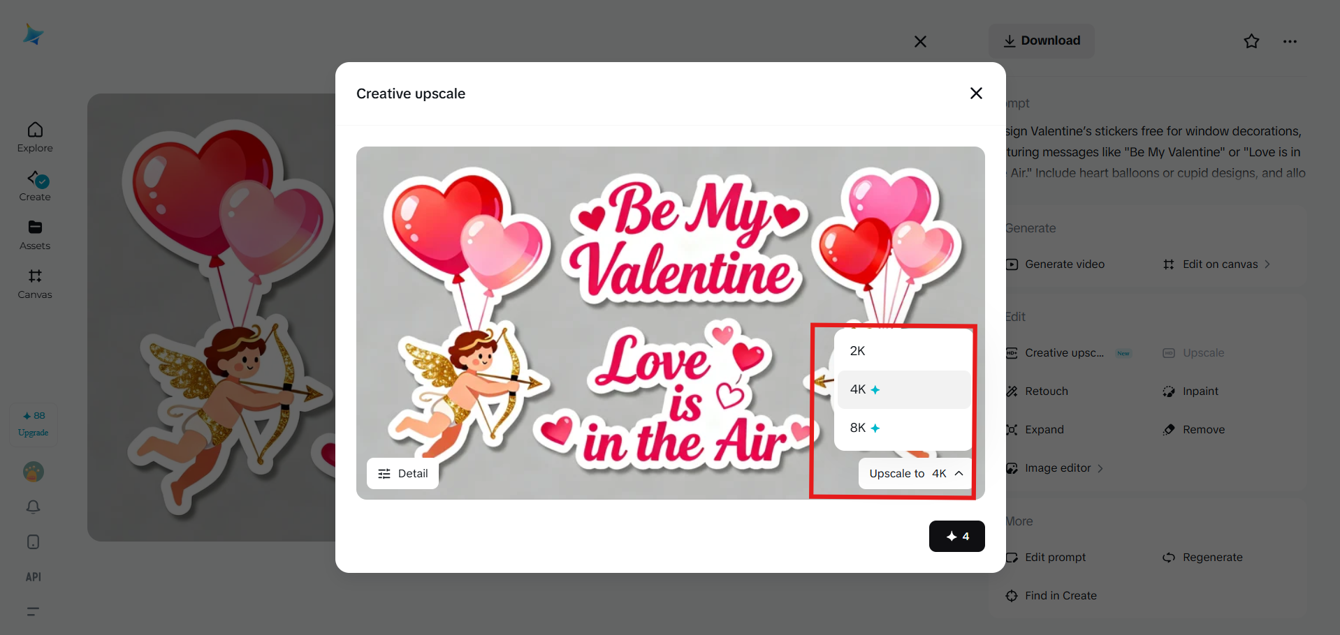 Upgrading the quality of Valentine stickers to 8k using Dreamina