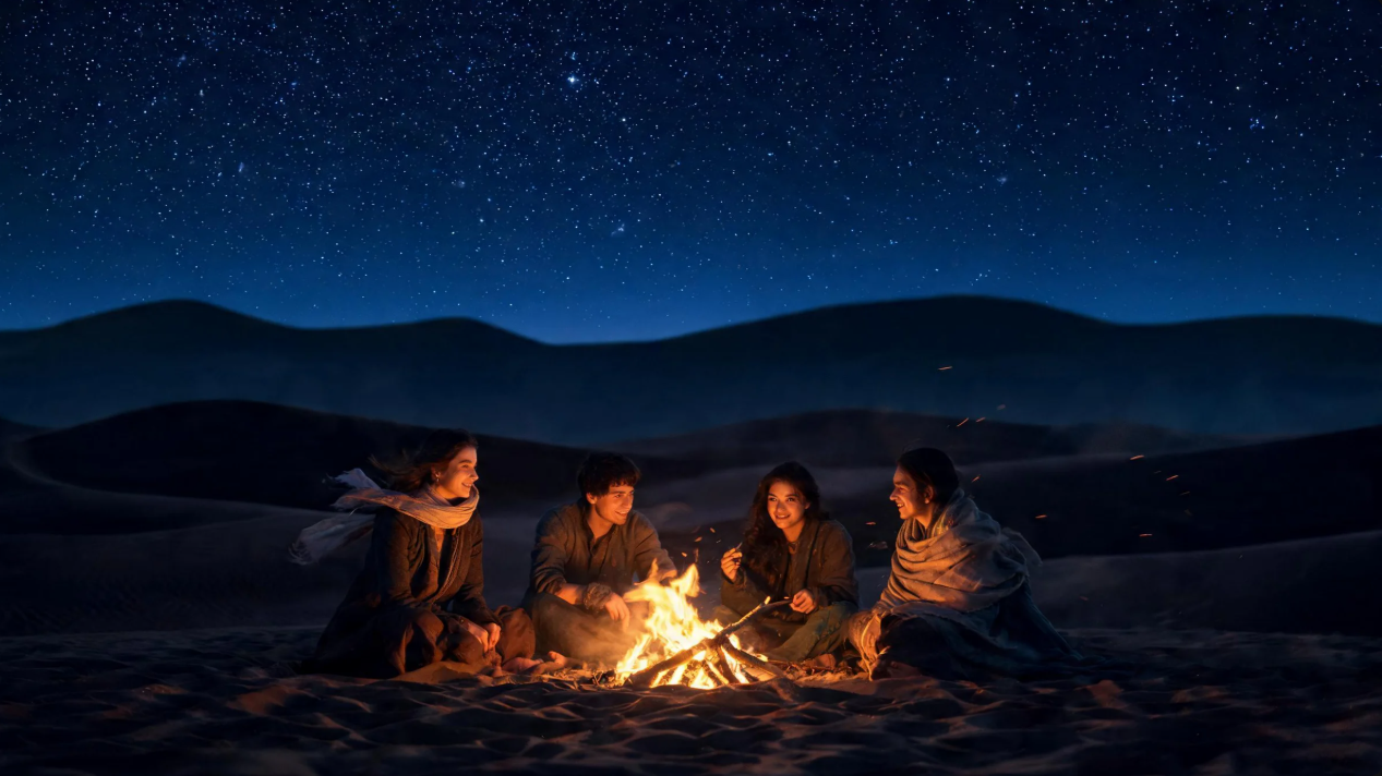 Desert night campfire storytelling scene visual
