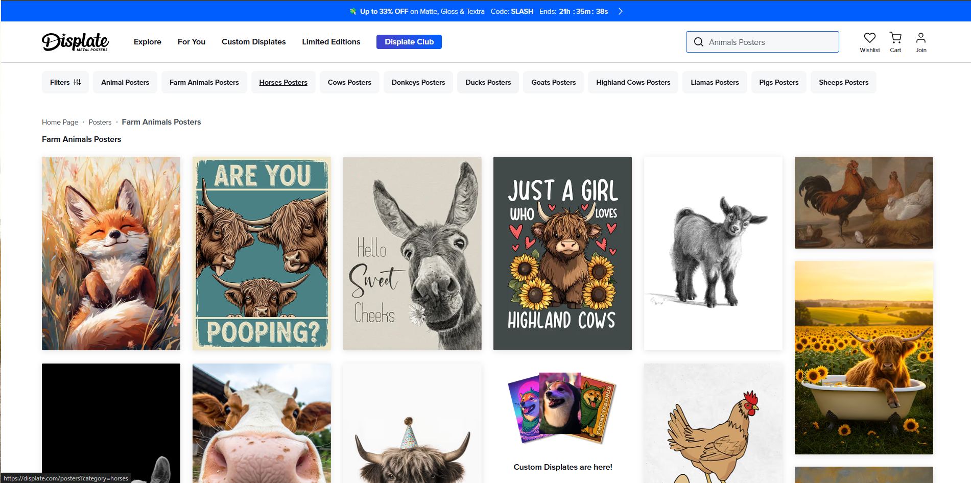 Interface of Displate - a tool with diverse animal farm posters