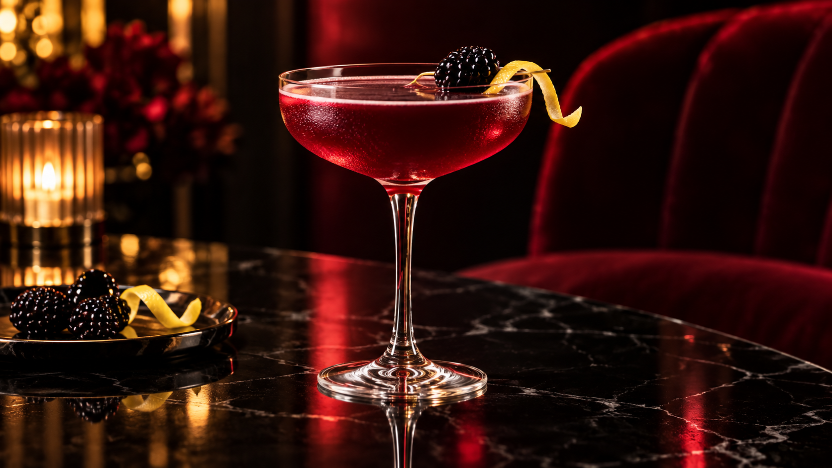 Lời nhắc áp phích cocktail AI: Midnight Berry Coupe
