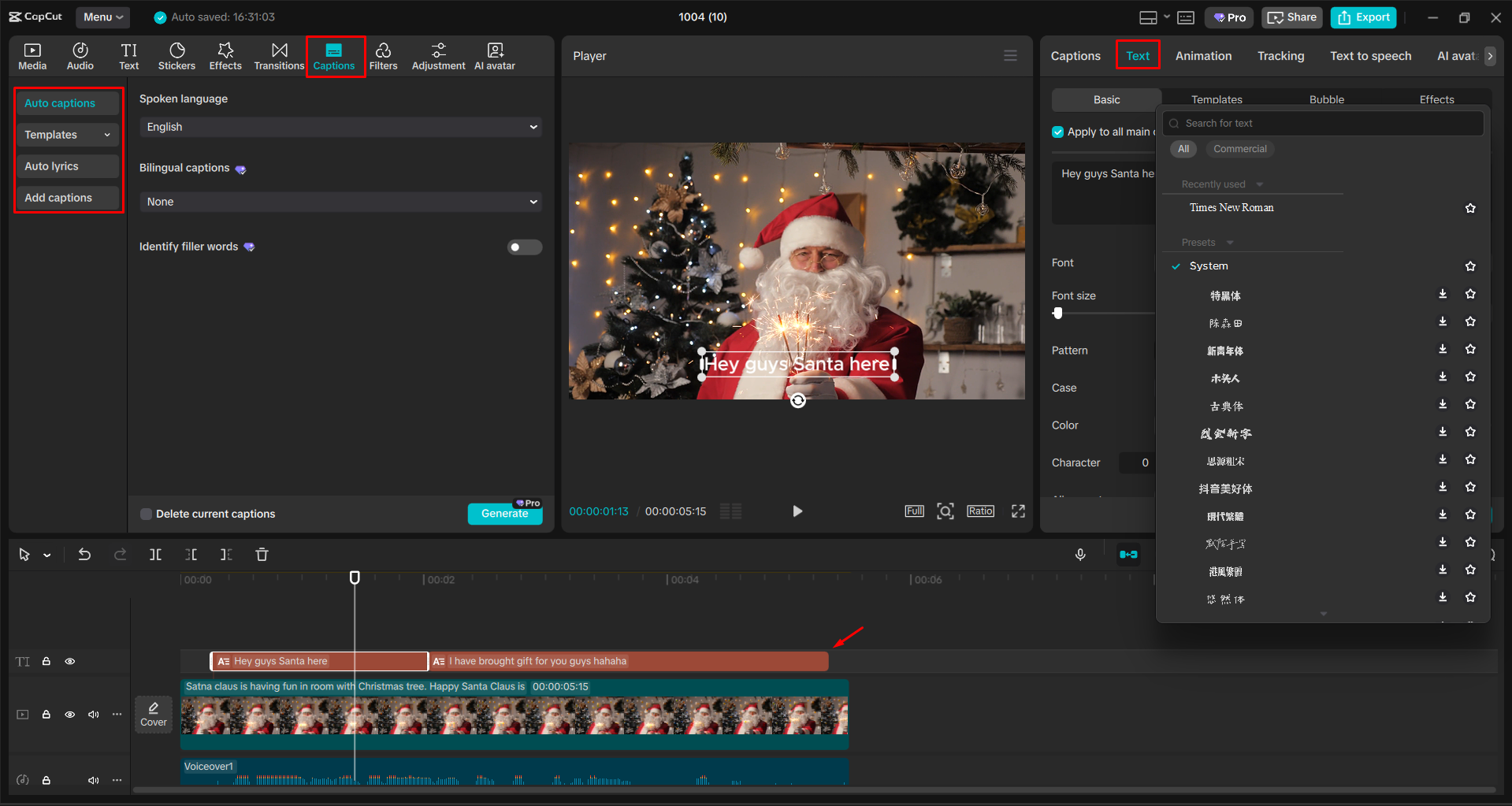 Adding captions to a Christmas video with the CapCut desktop video editor