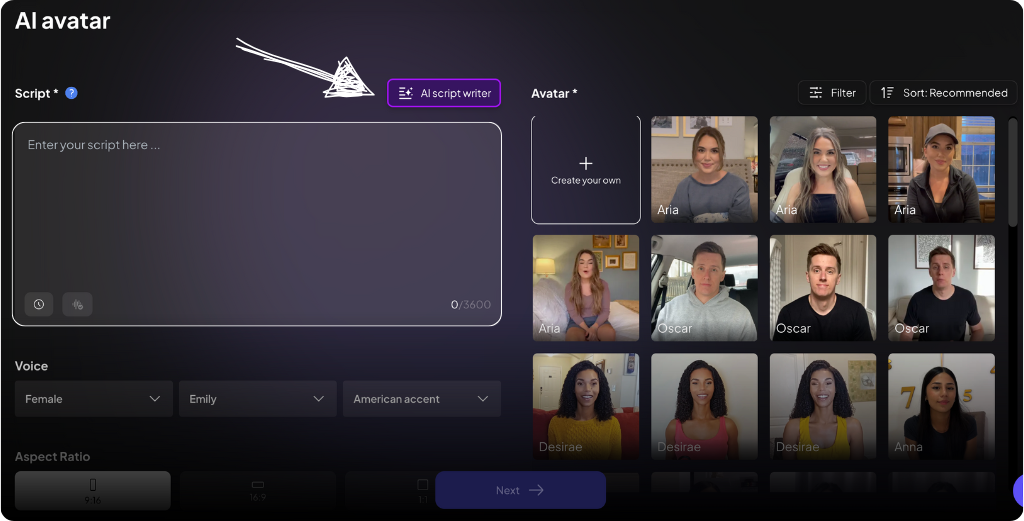 Interfejs Creatify AI - kolejny darmowy generator wideo awatarów AI