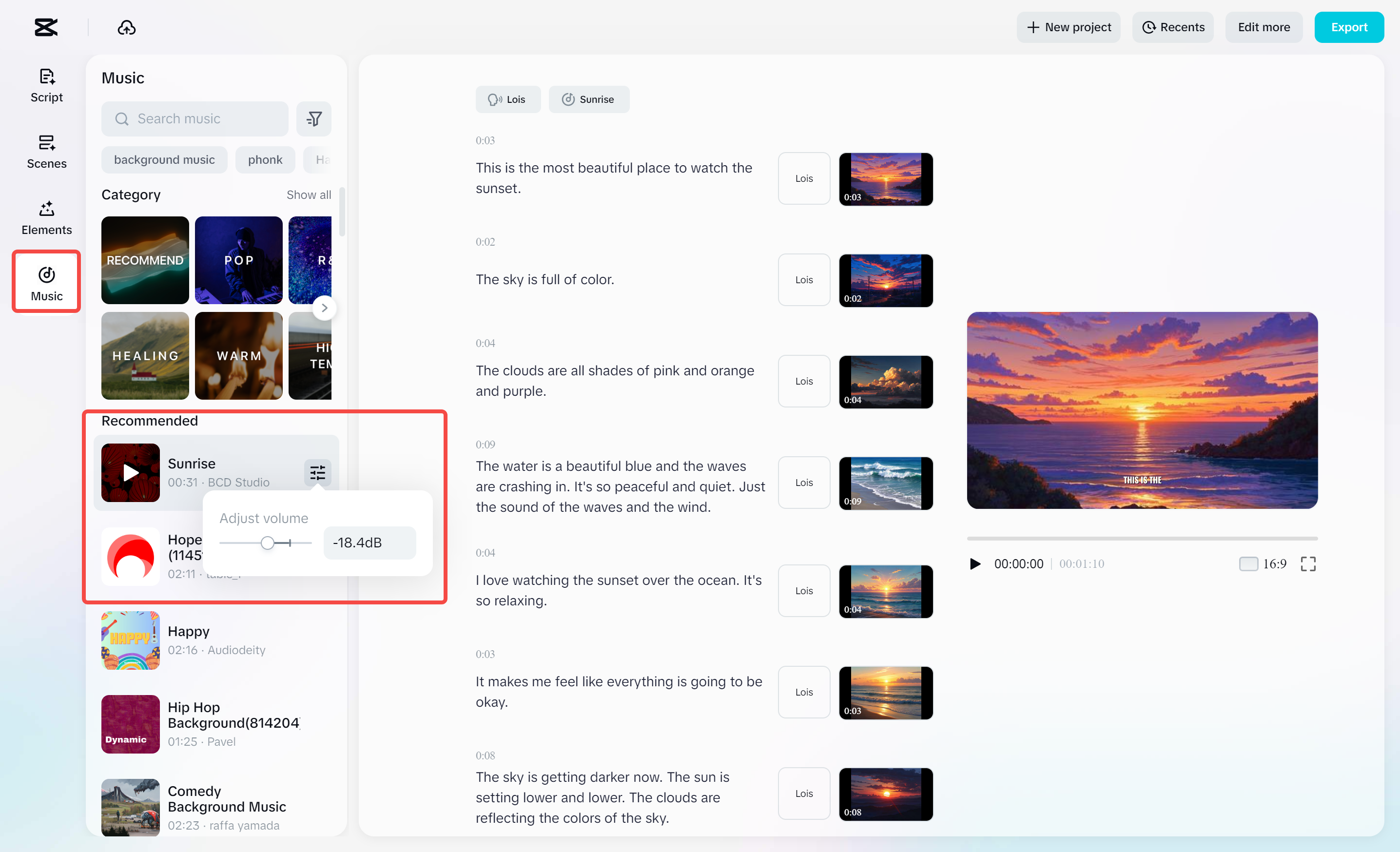 Adding background music to video in CapCut's AI video maker