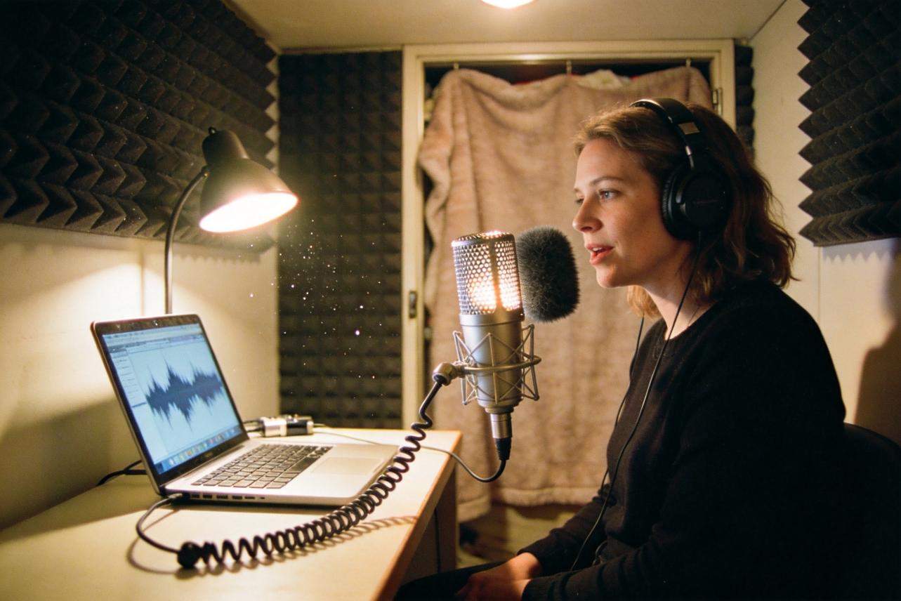 Woman wearing headphones recording voiceover into a microphone beside a laptop with audio waveform