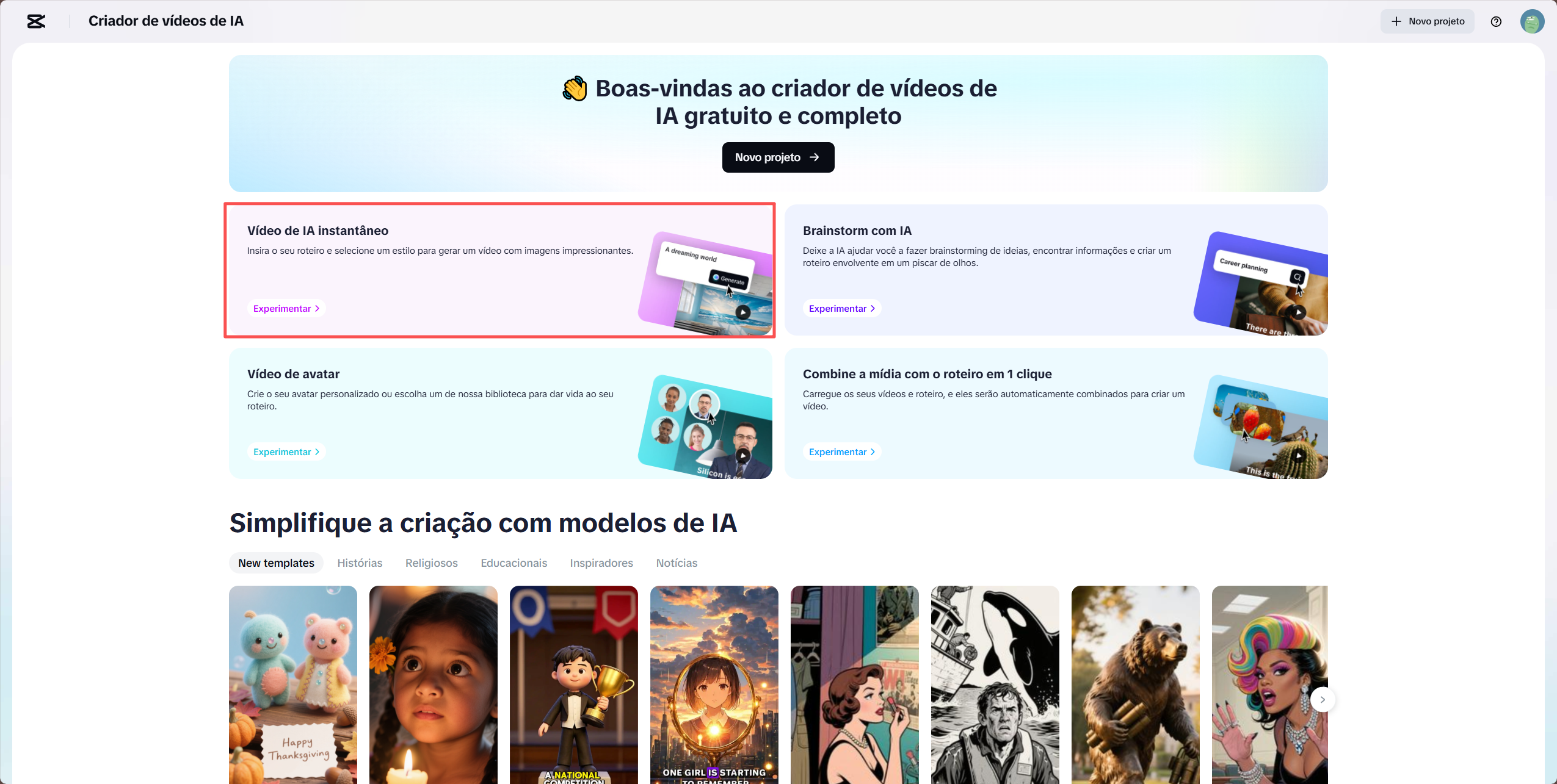 Ferramenta Vídeo de IA instantâneo do CapCut Online criando automaticamente um vídeo de Samba com IA