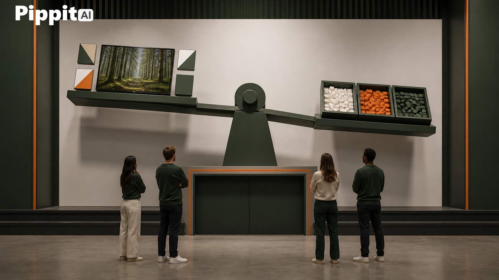 Four people stand before a giant balance scale display with a forest scene on one side and colored blocks on the other.