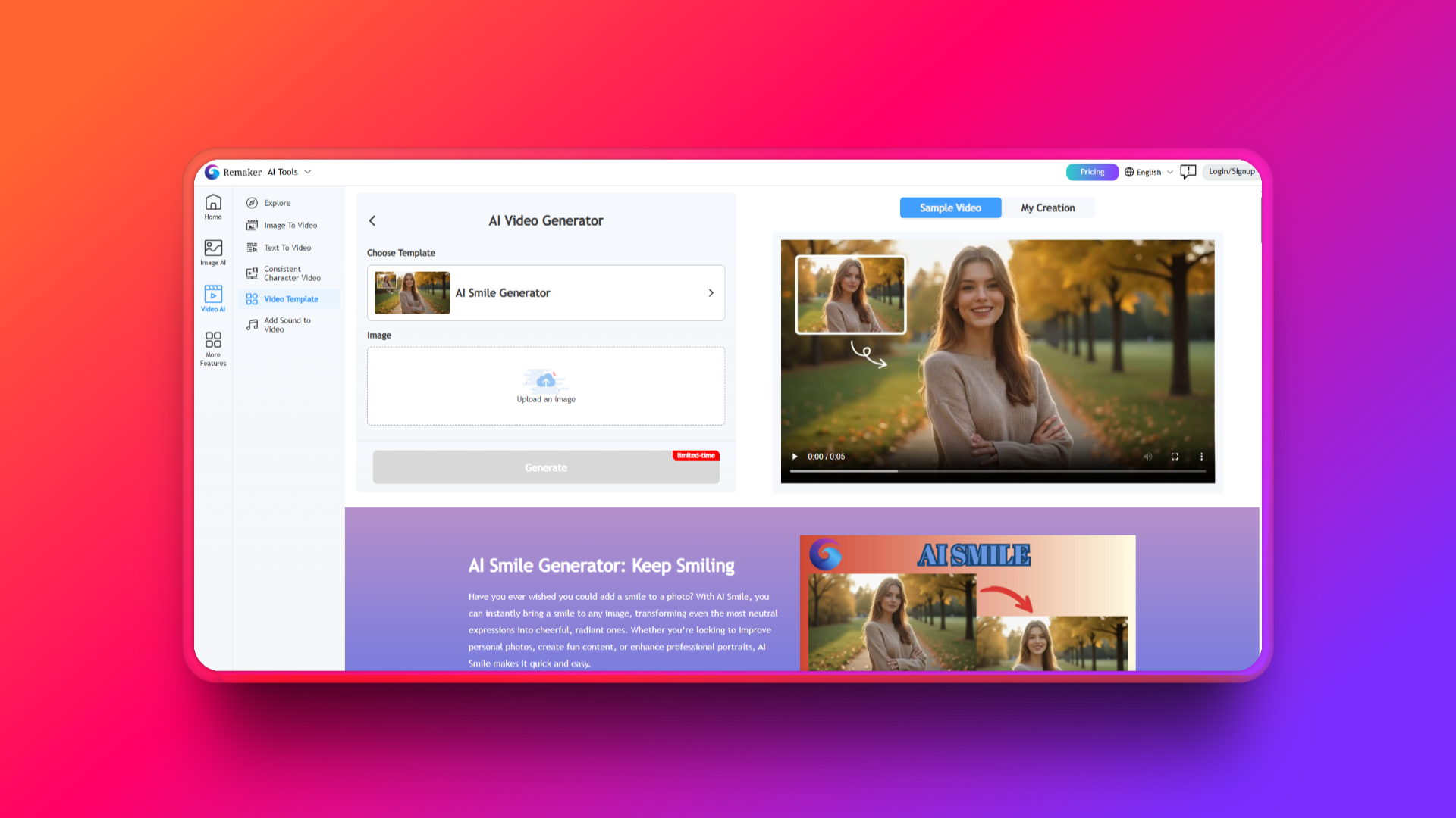 Remaker AI smile filter