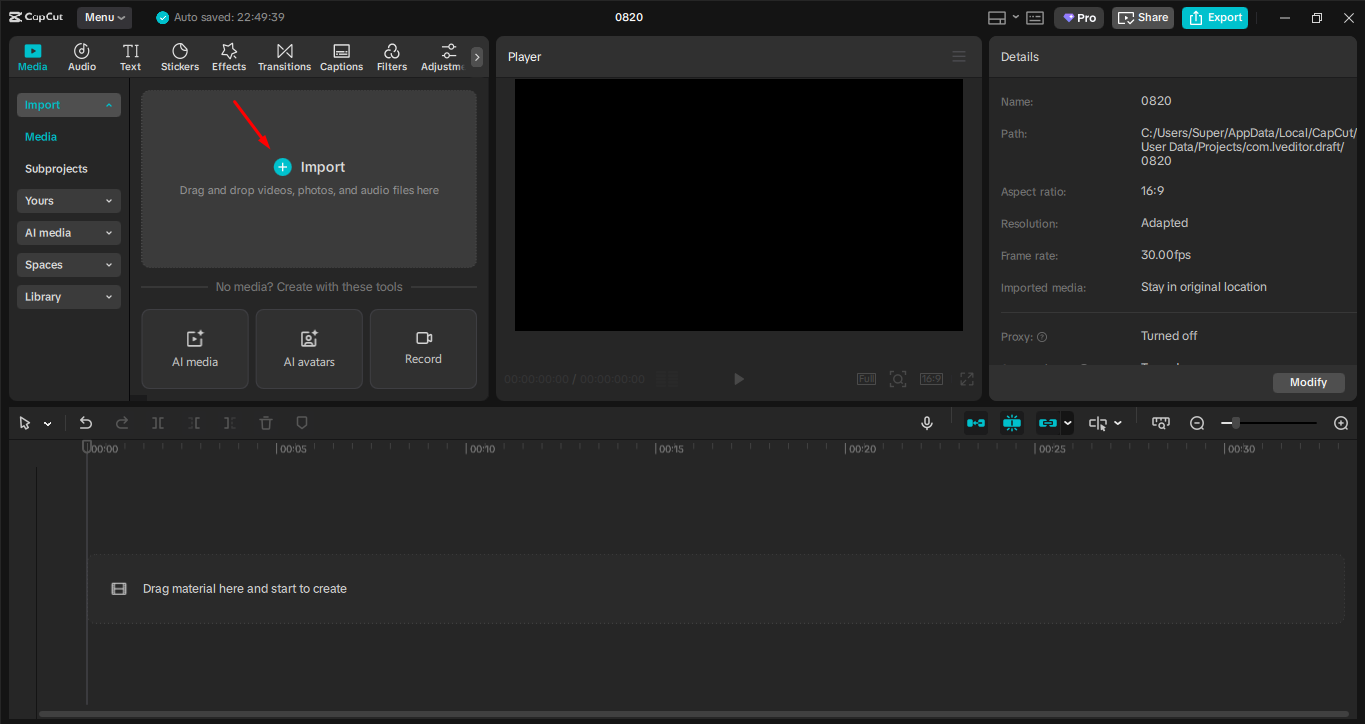 Importieren eines Bildes in den CapCut Desktop-Video-Editor