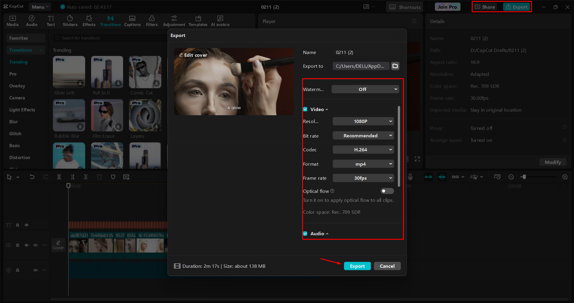 Export videa z editoru videa pro stolní počítače CapCut