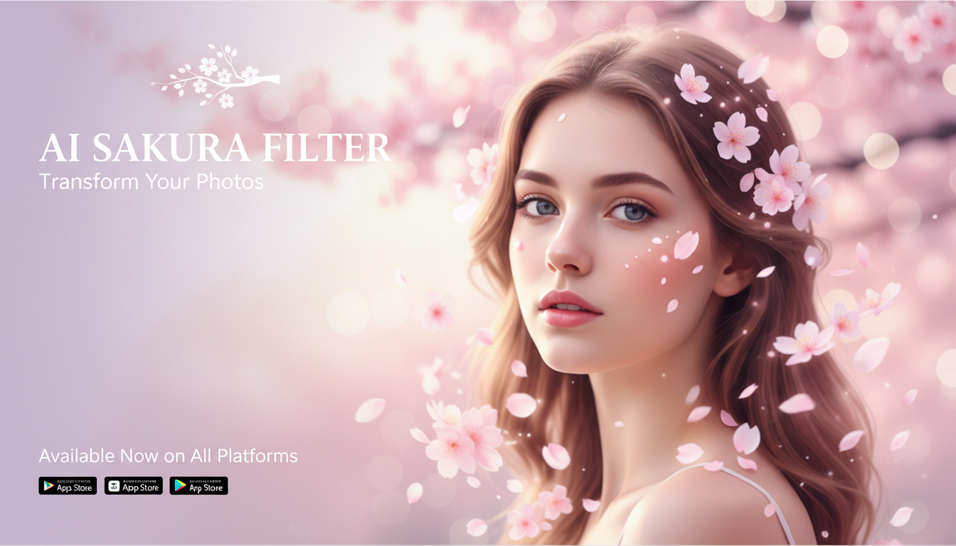 Hero poster portrait with floating cherry blossoms, soft pink tones, dreamy spring bokeh, AI sakura filter aesthetic, clean copy space