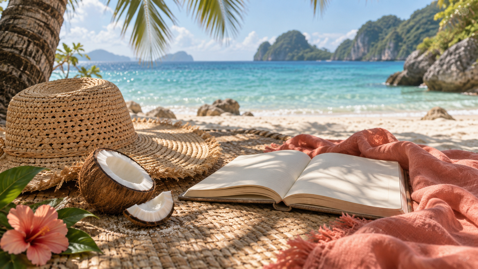 invite esthétique de plage tropicale : Nature morte à la noix de coco et au chapeau de soleil