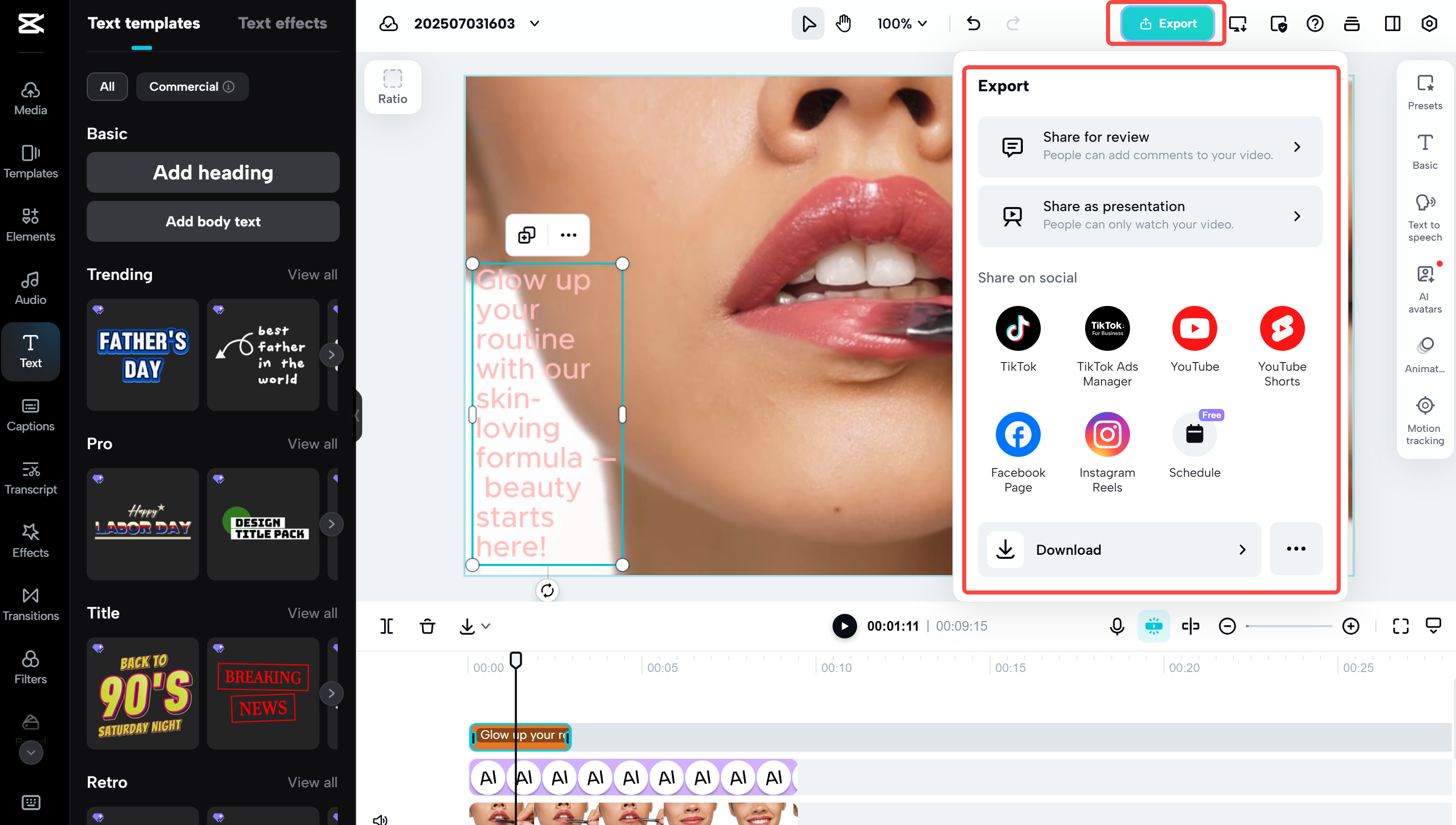 Lopullisen videon vieminen CapCut Webistä