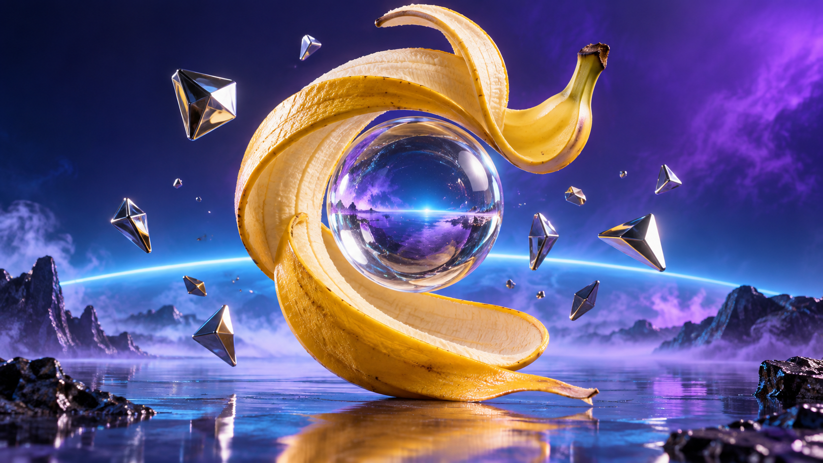 Lingkaran pisang nyata mengelilingi bola kaca dalam landskap futuristik ungu