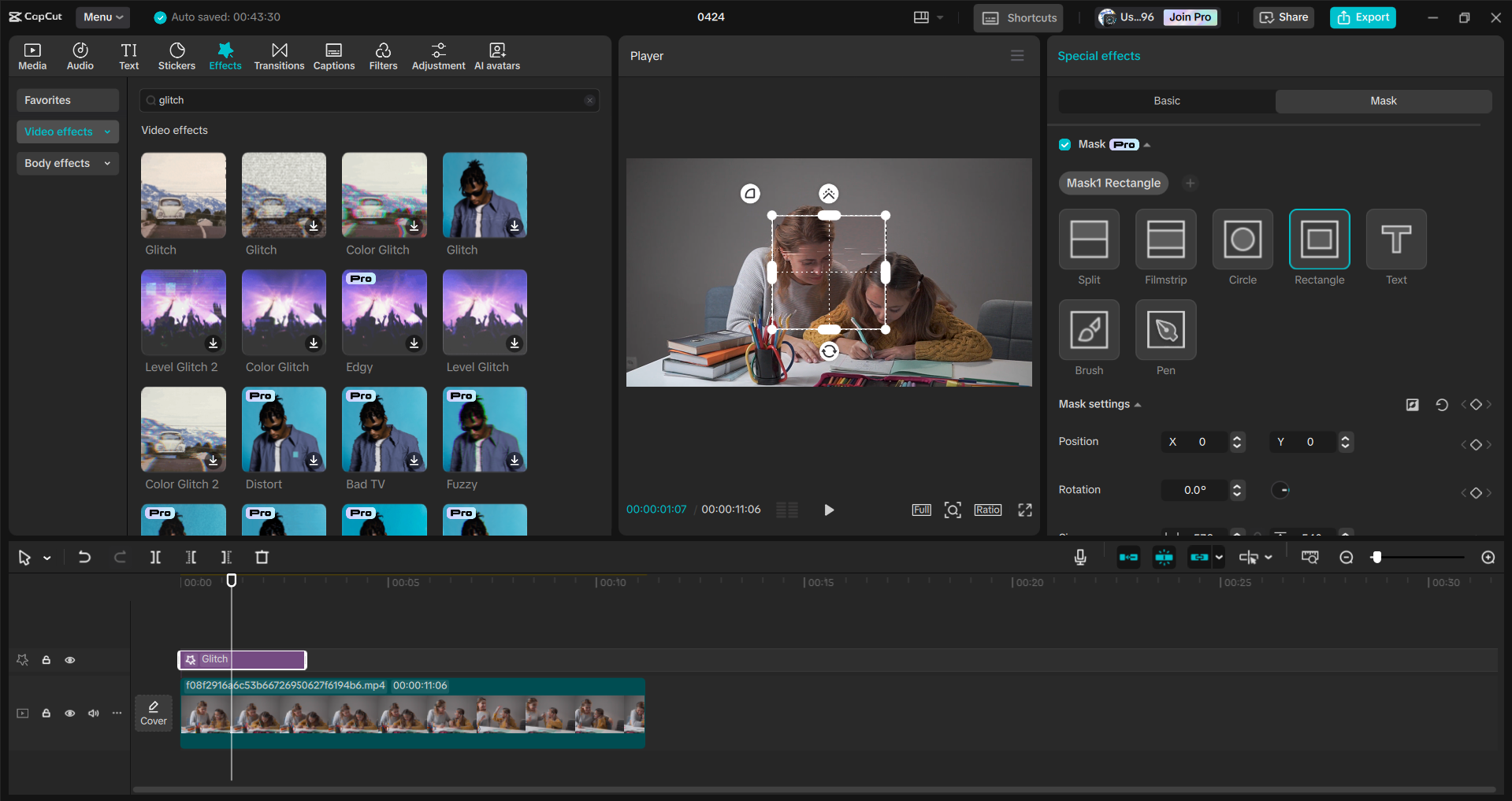 Interface of the CapCut desktop video editor - a simpler way to add glitch effect to videos