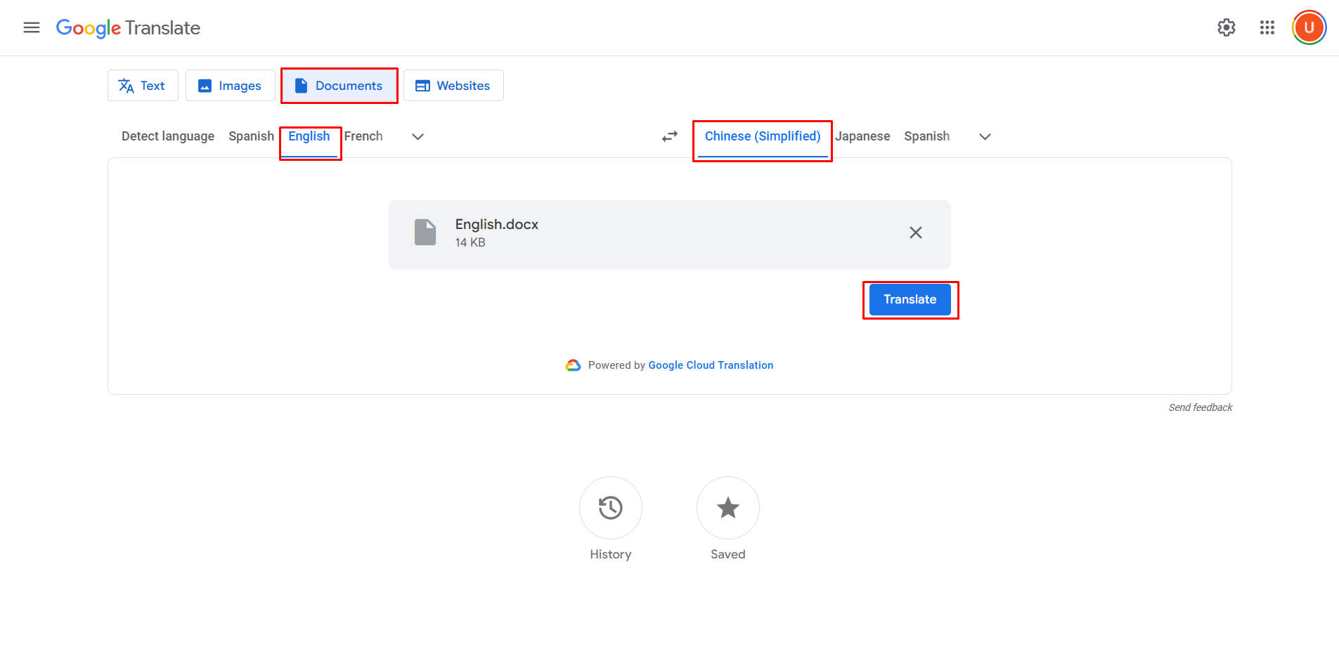 Showing how to translate an English document to Chinese with Google Translate