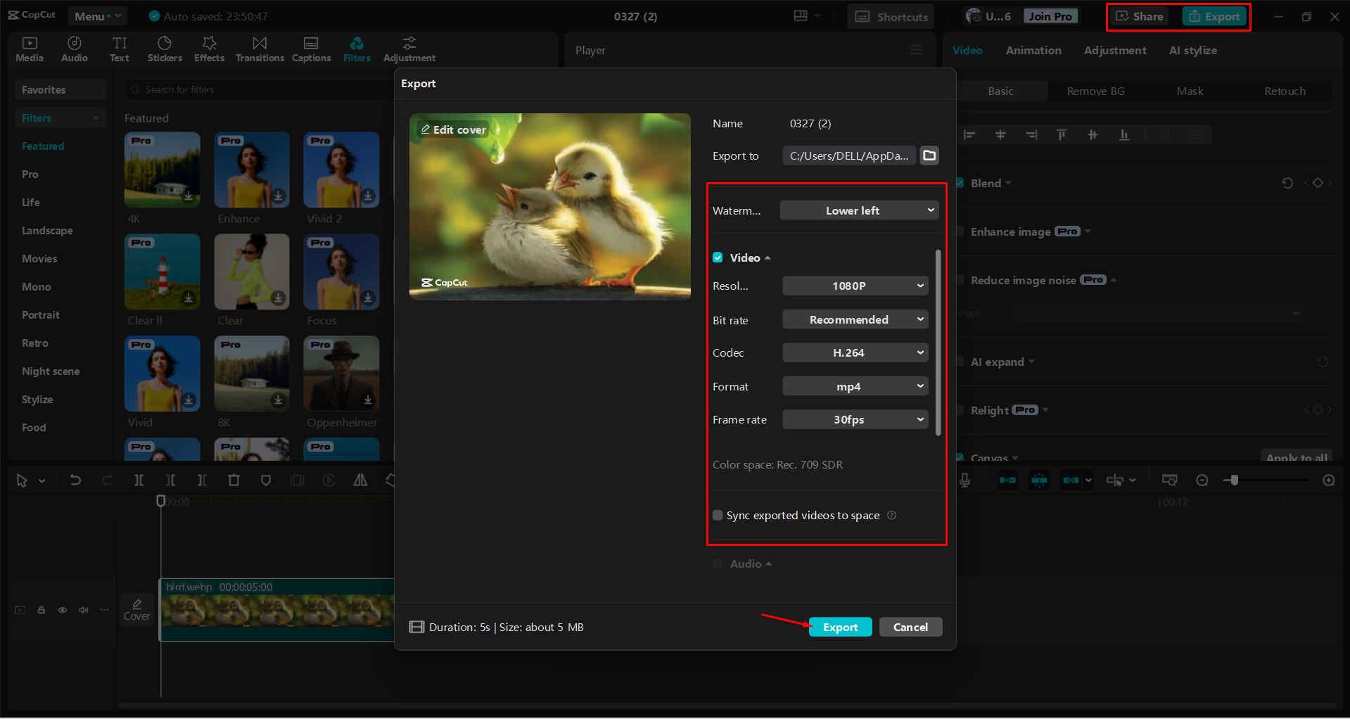 Exporting still frames from the CapCut desktop video editor
