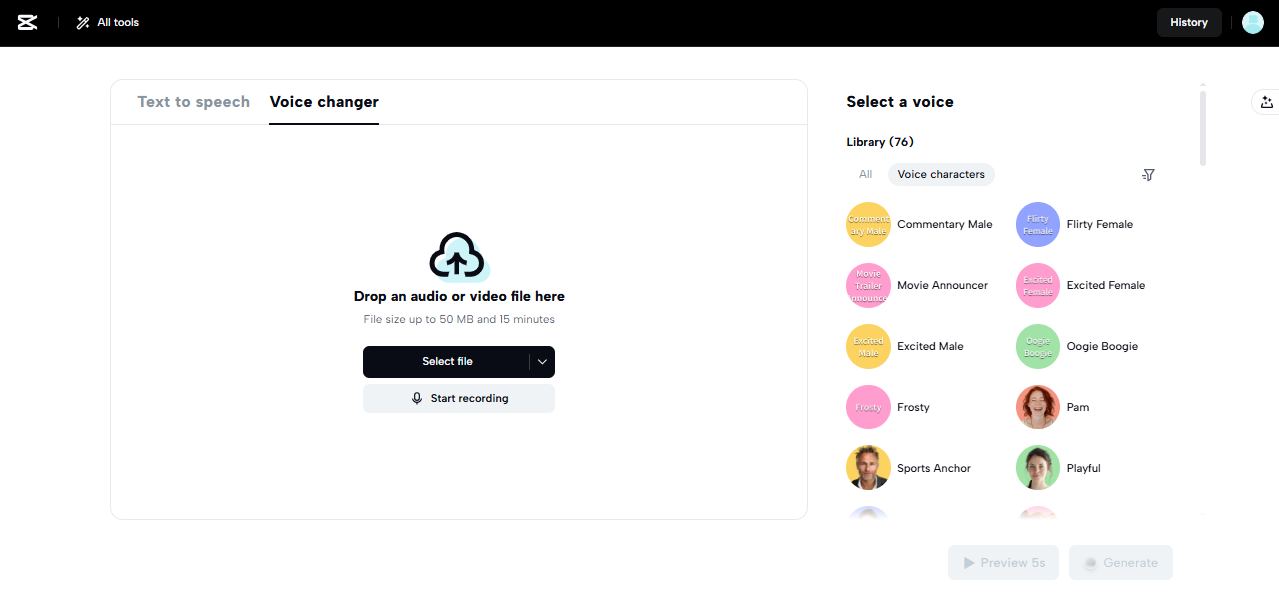 CapCut Web voice changer interface