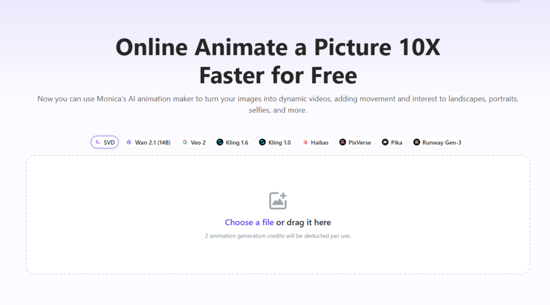 Interfaccia di Monica - un modo semplice per animare le foto online gratuitamente