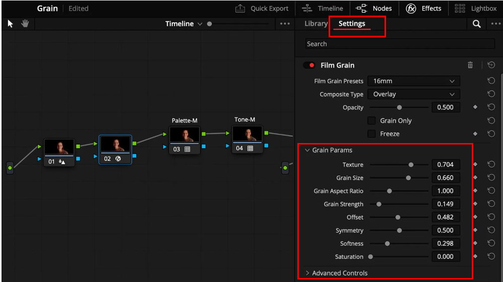 DaVinci Resolveで穀物パラメーターを微調整する