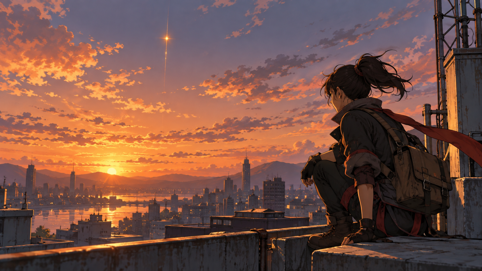 An original adult courier pausing on a sunset rooftop and looking toward a distant signal