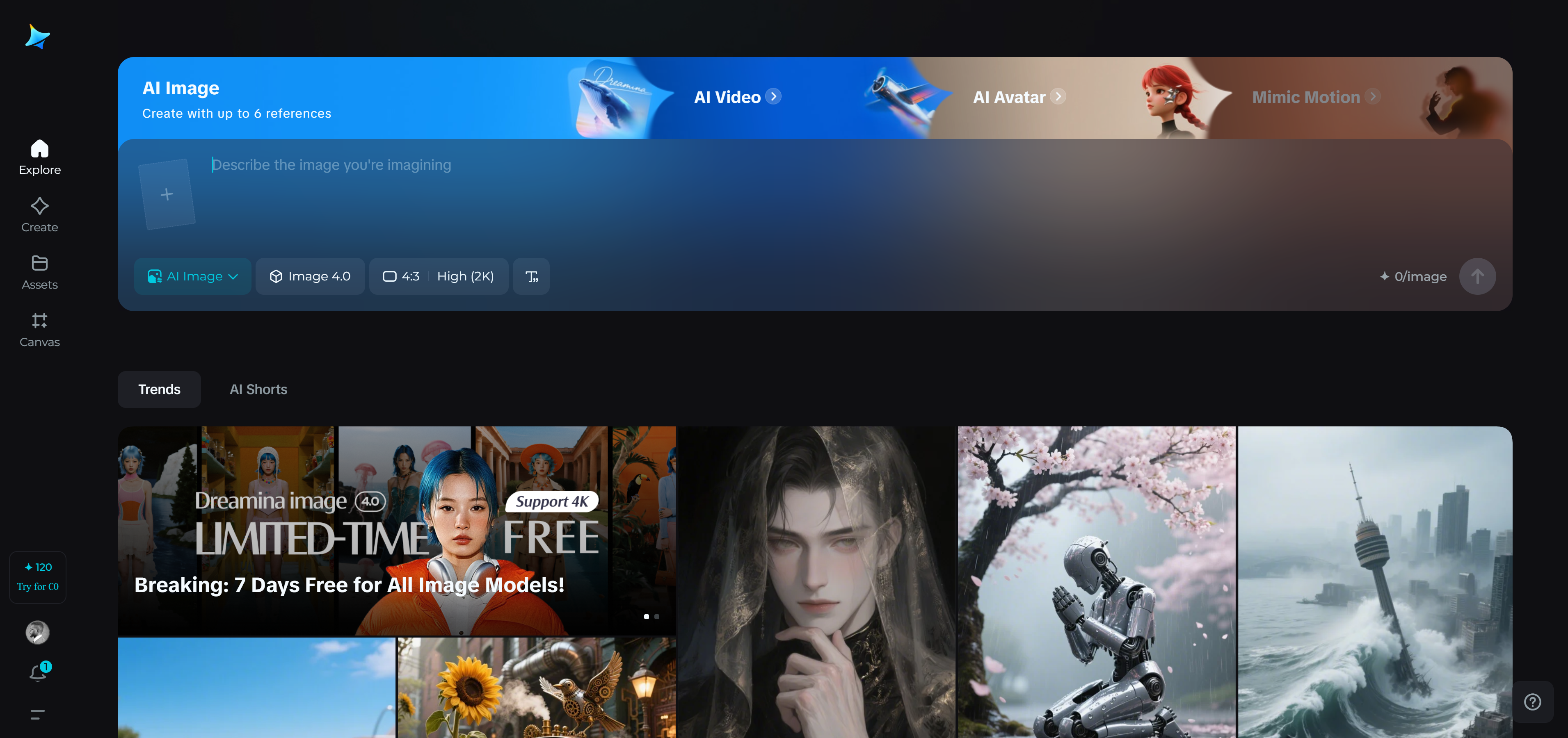 Dreamina AI ana sayfası