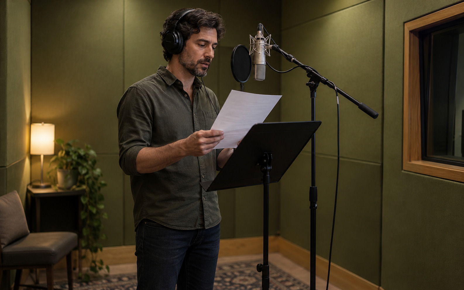 Adult male narrator standing upright reading a full page at a stable microphone distance, floor stand and music stand visible, olive green booth.