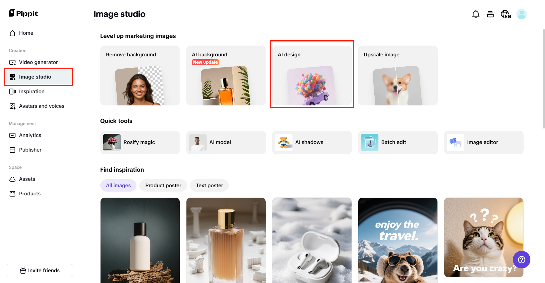 Selecione a opção de design de IA no Estúdio de Imagem