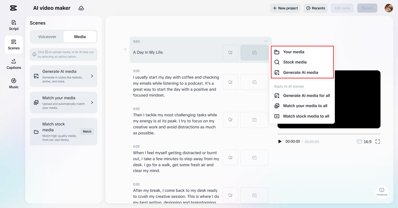 Upload media or generate AI media
