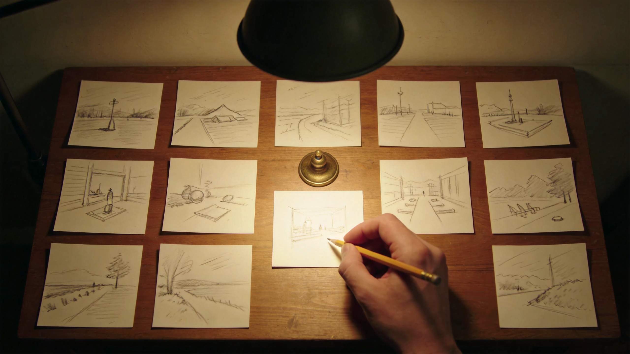 Hand drawing a storyboard sketch among several landscape sketch cards on a wooden desk