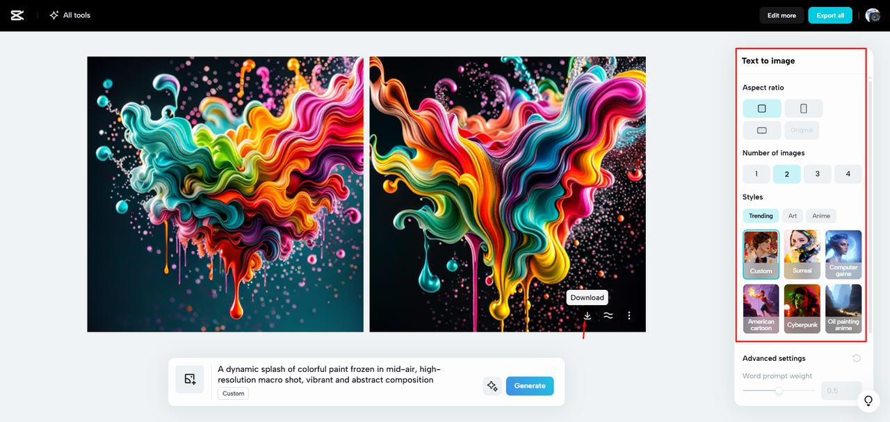 Downloading the image from the CapCut Web