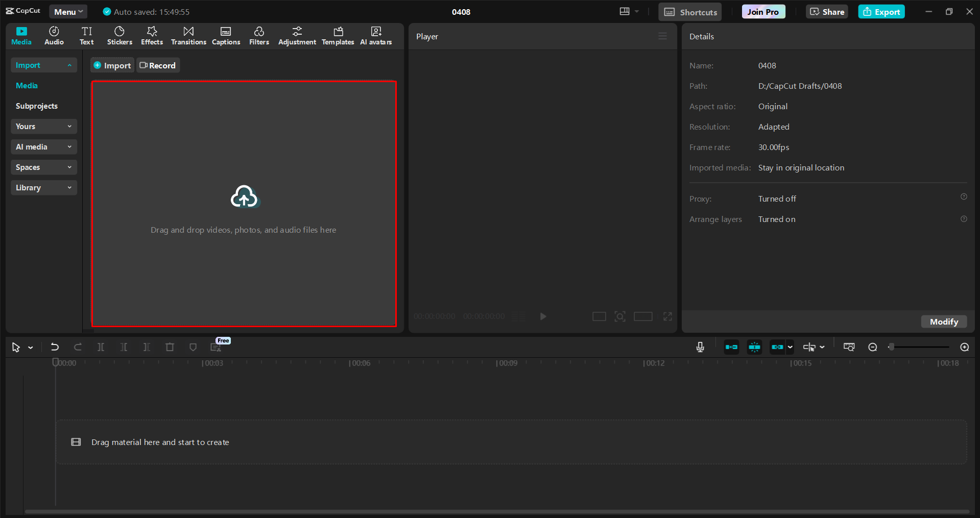 Importing a video into the CapCut desktop video editor