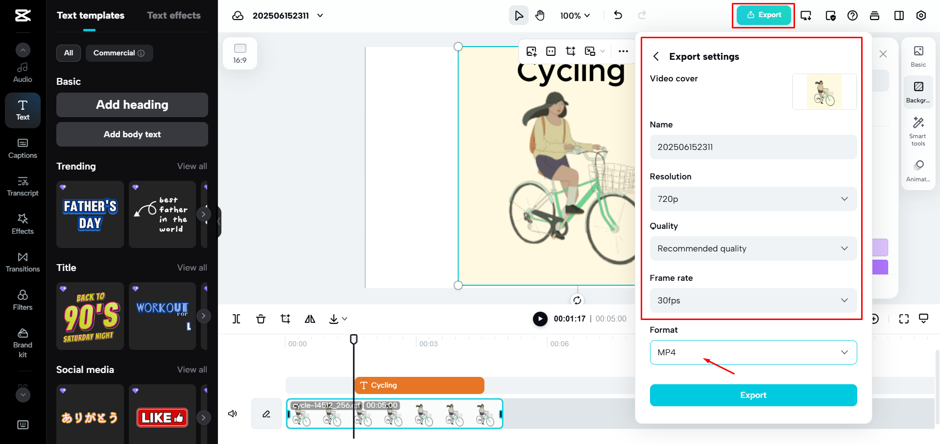 Exporting a GIF as video from CapCut Web