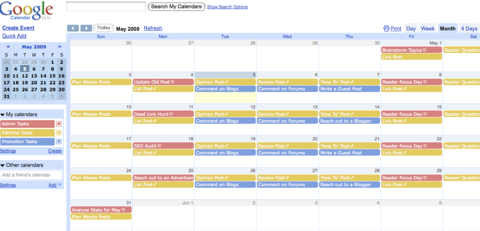 Blog content calendar
