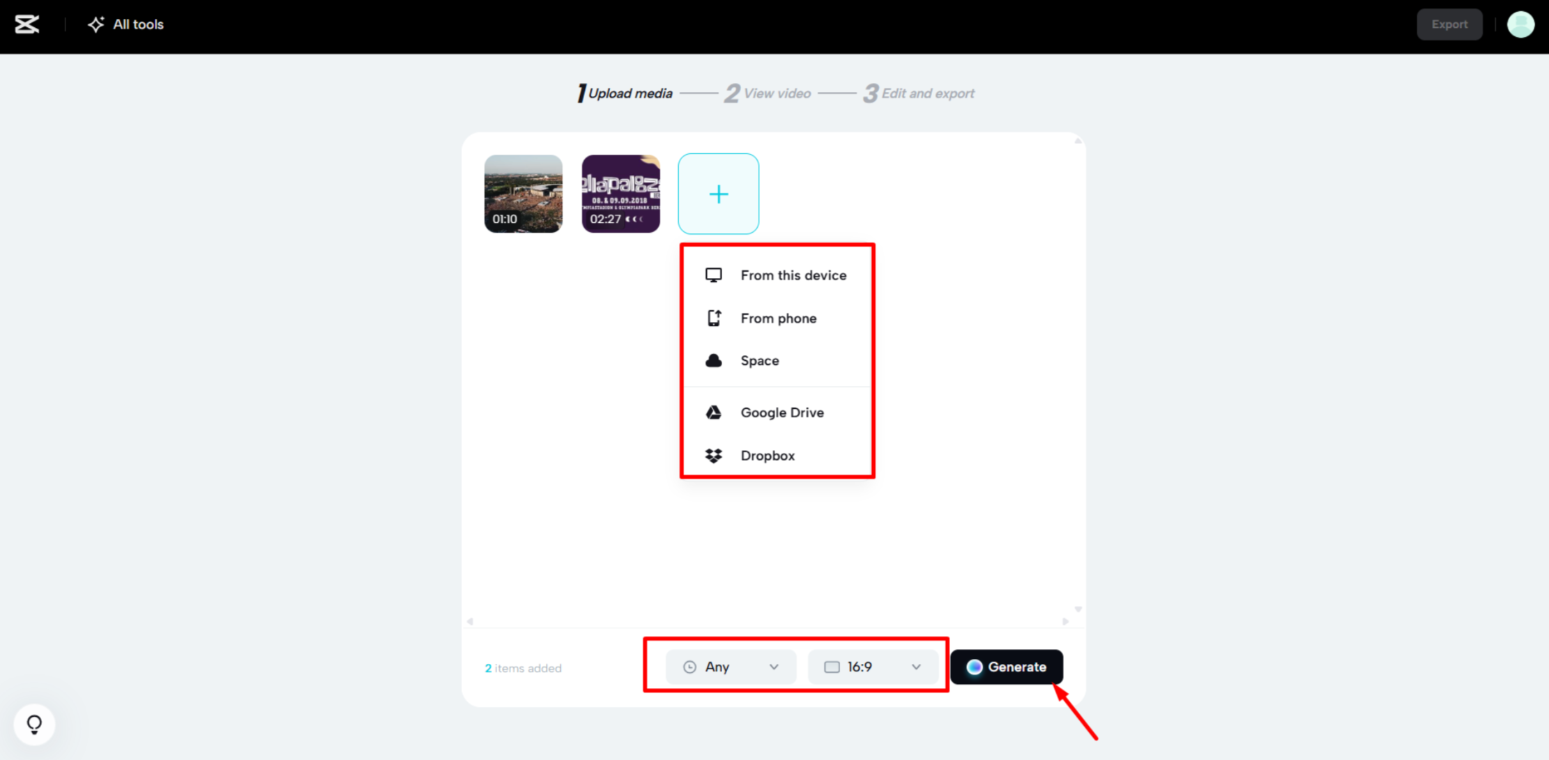 Festival-Clips werden in die CapCut Web hochgeladen