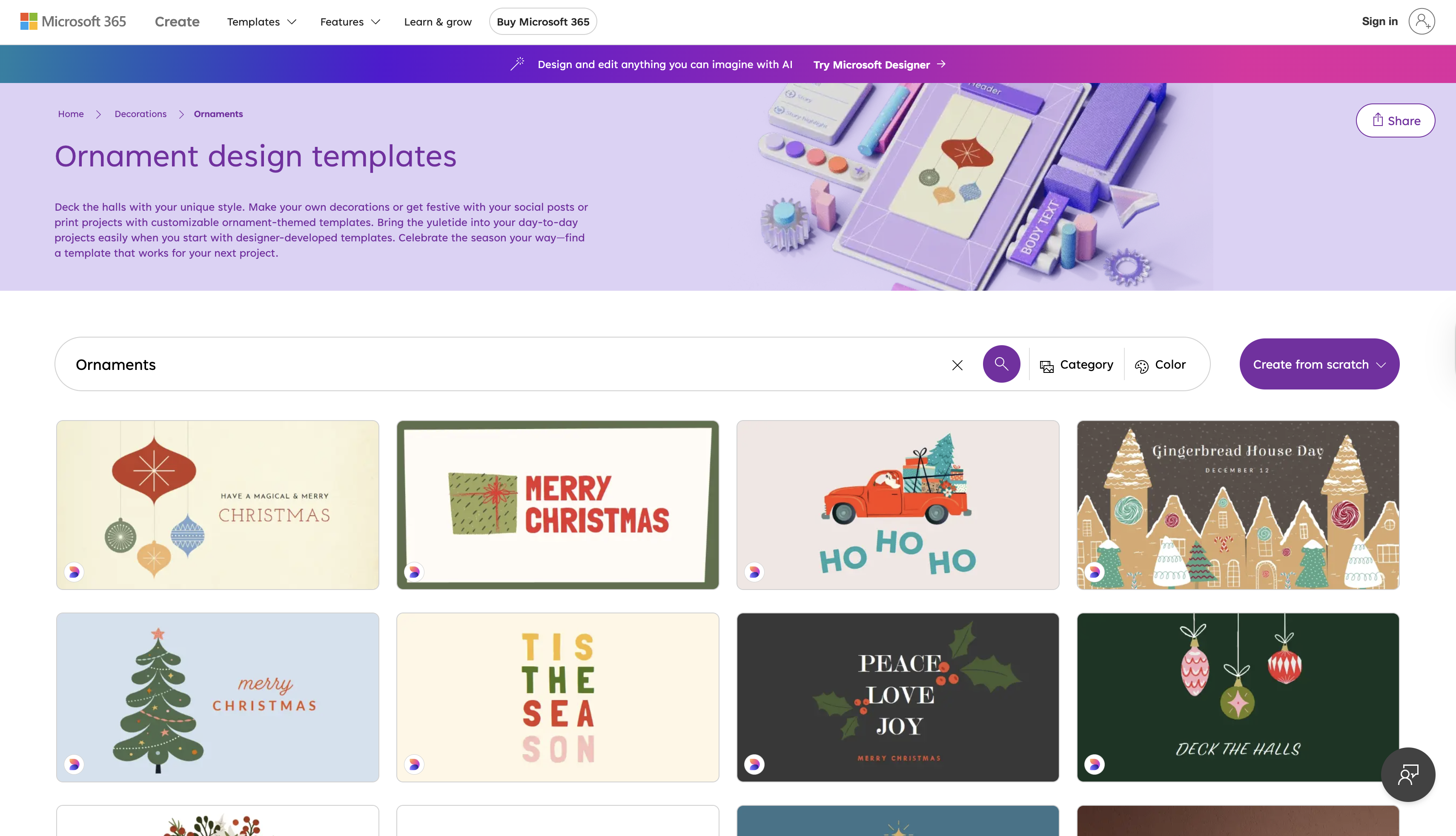 Microsoft Designer online templates interface