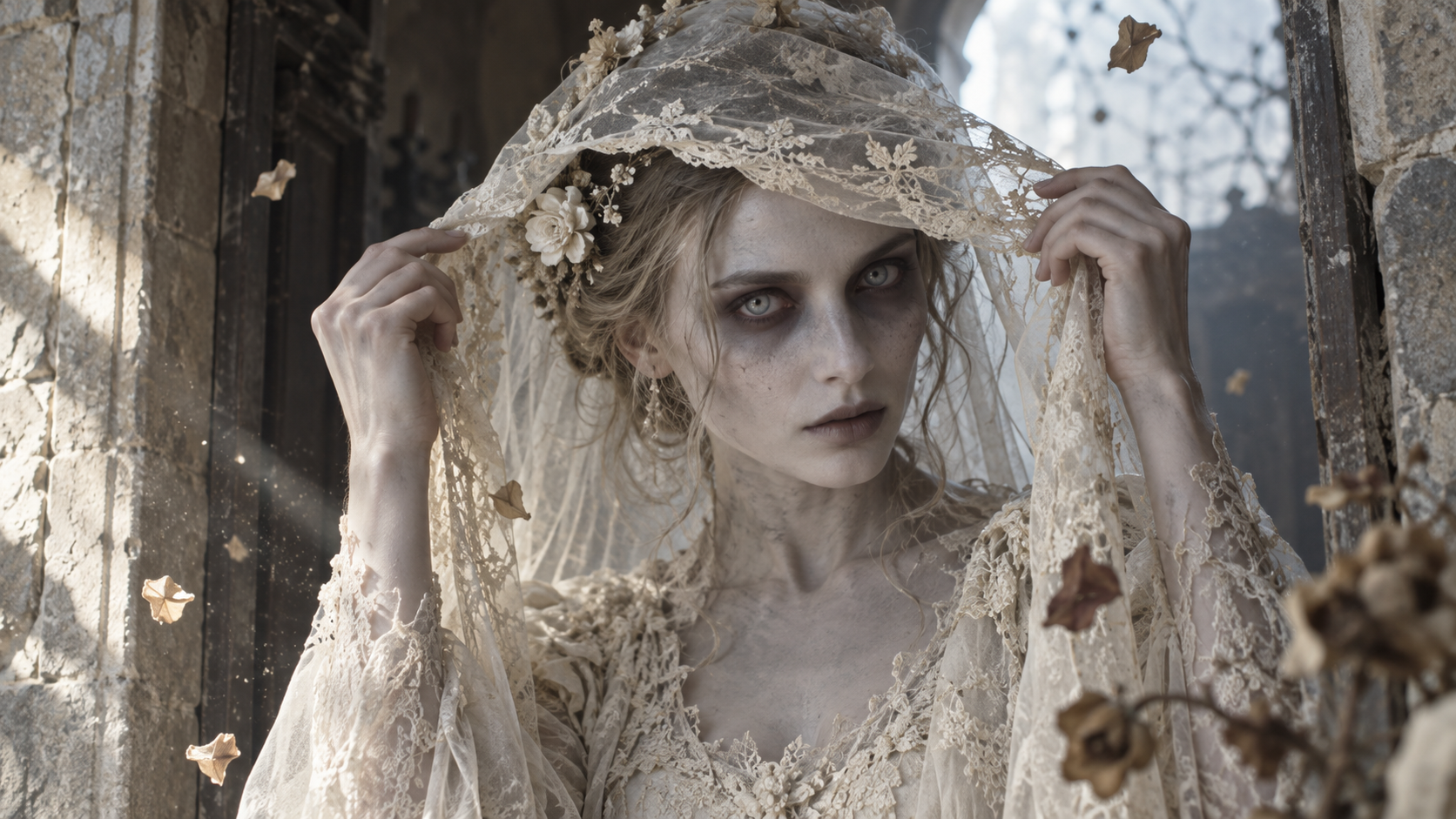 Dusty Veil Reveal example for ai zombie bride video