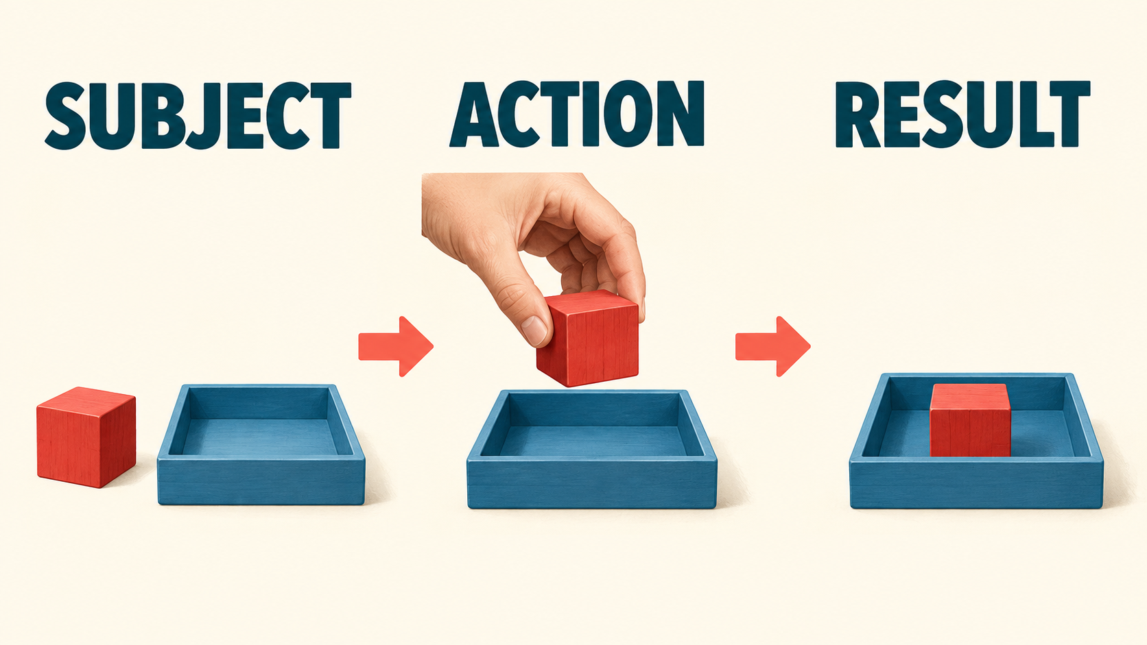 Subject action and result illustrated with a red cube moving into a blue tray