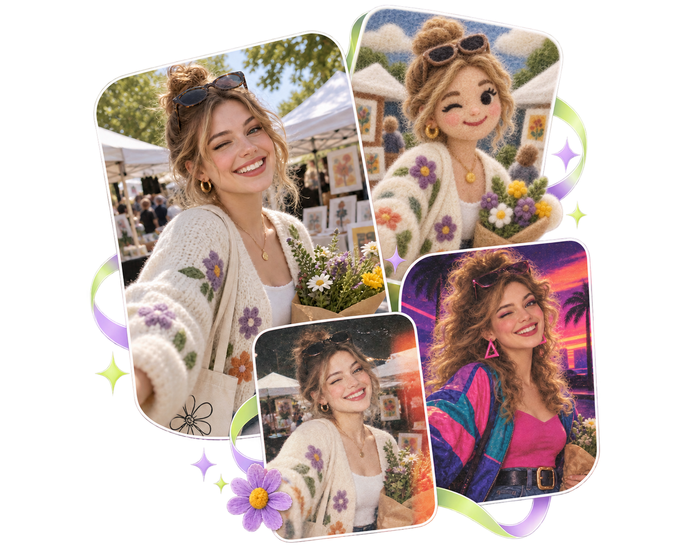 Transparent AI effects collage with original, fluffy, lofi, and 80s-inspired market portraits