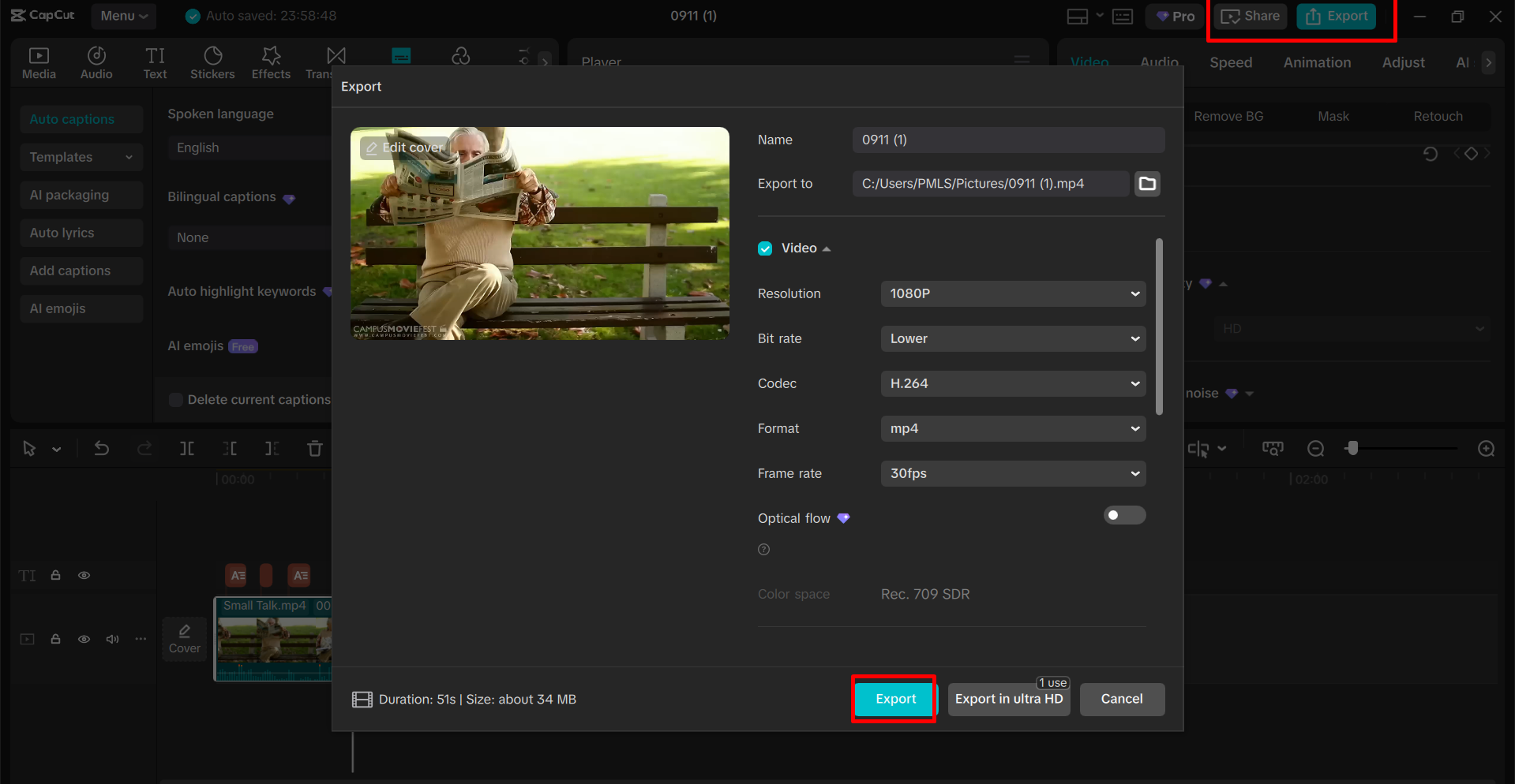 ייצוא הסרטון מעורך הווידיאו השולחני CapCut
