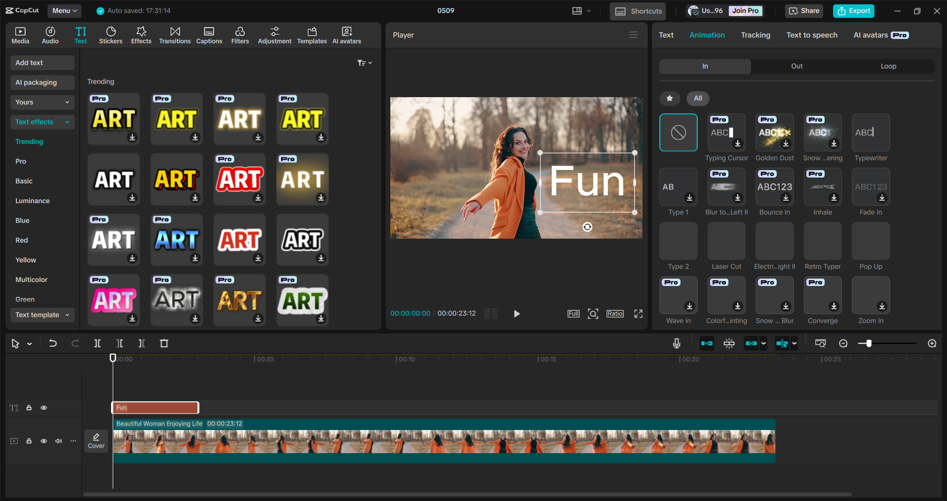 Interface of the CapCut desktop video editor - a quick way to add effects to texts in videos