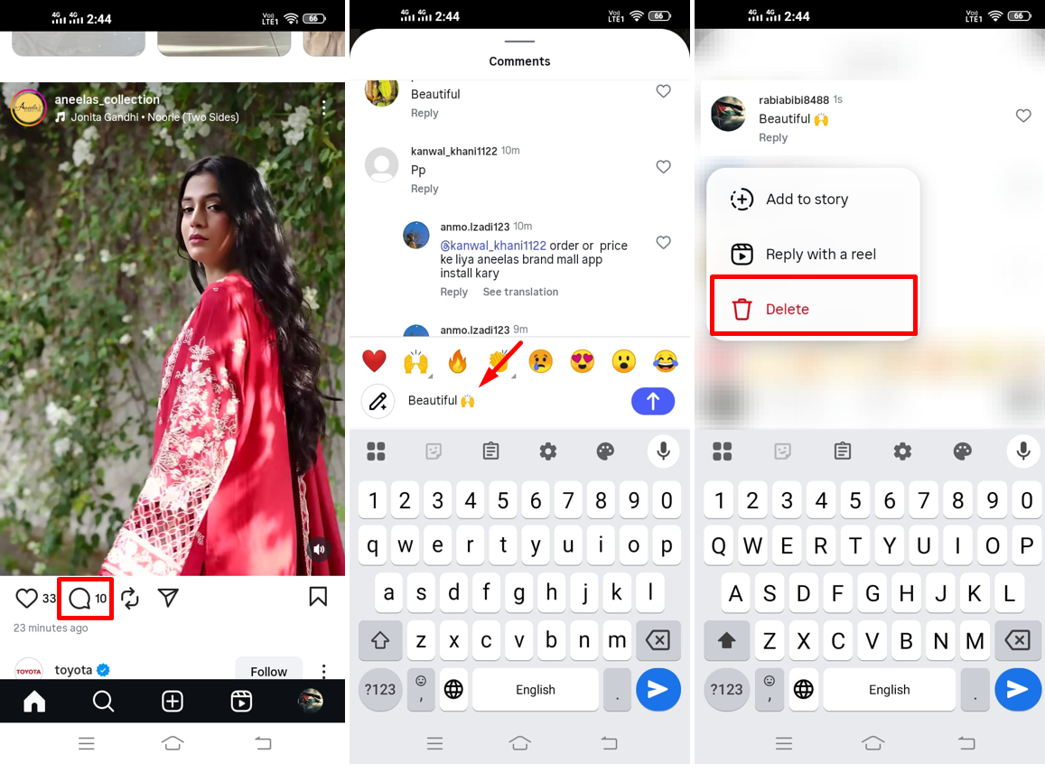 Editing comments on Instagram on a mobile phone