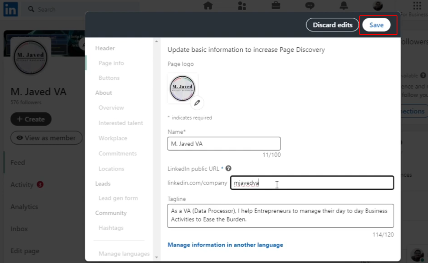 Save changes to the company URL