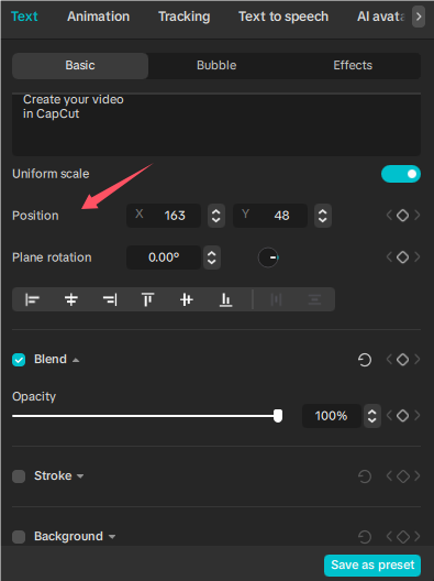 Adjust text position in CapCut