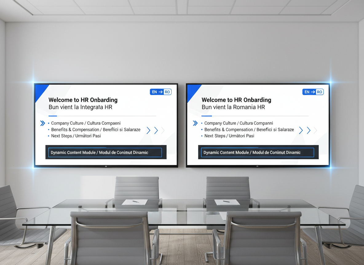 Modern training room with bilingual English–Romanian caption mockups, bottom caption bar and top-right toggle, clean corporate tone.