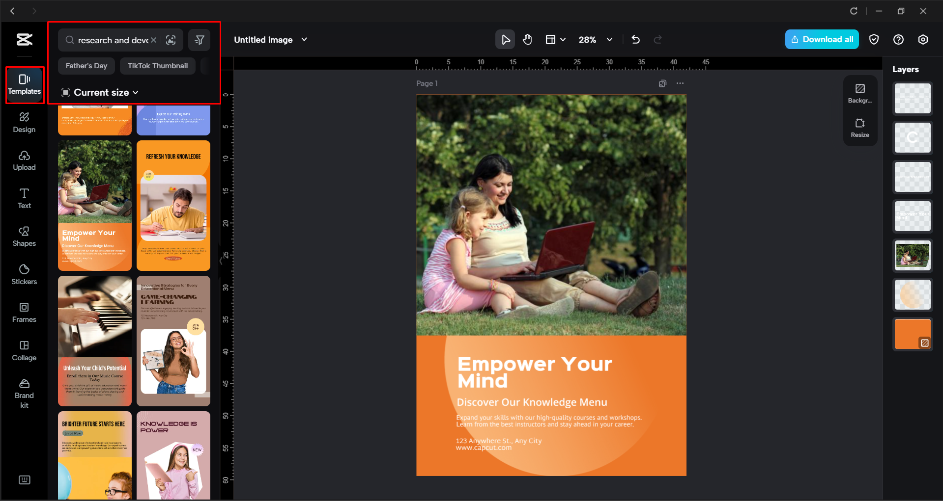 Choosing a scientific poster template in the CapCut desktop video editor