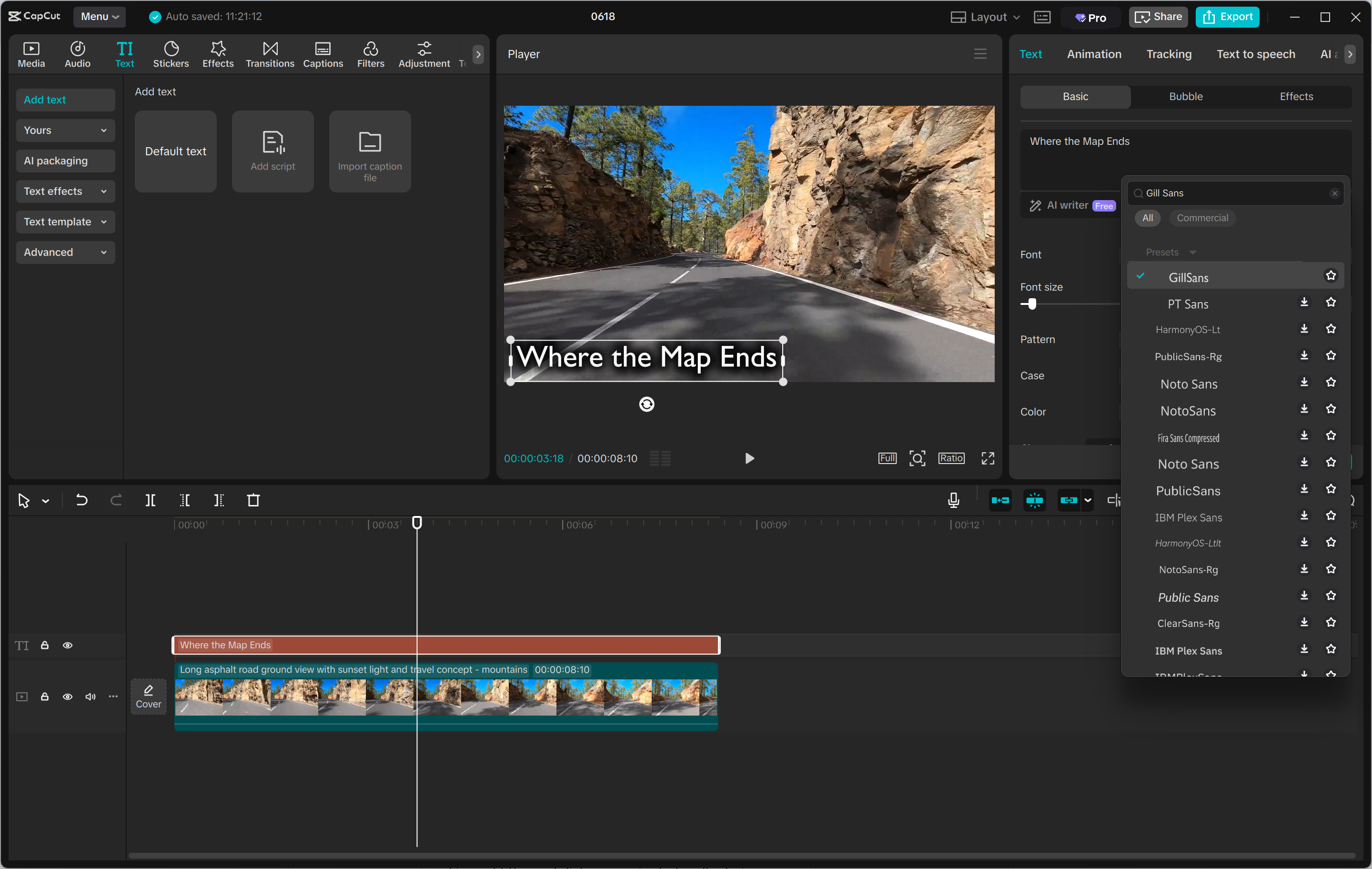 ממשק עריכה של עורך הווידיאו השולחני CapCut - הכלי הטוב ביותר להוספת גופני Gill Sans