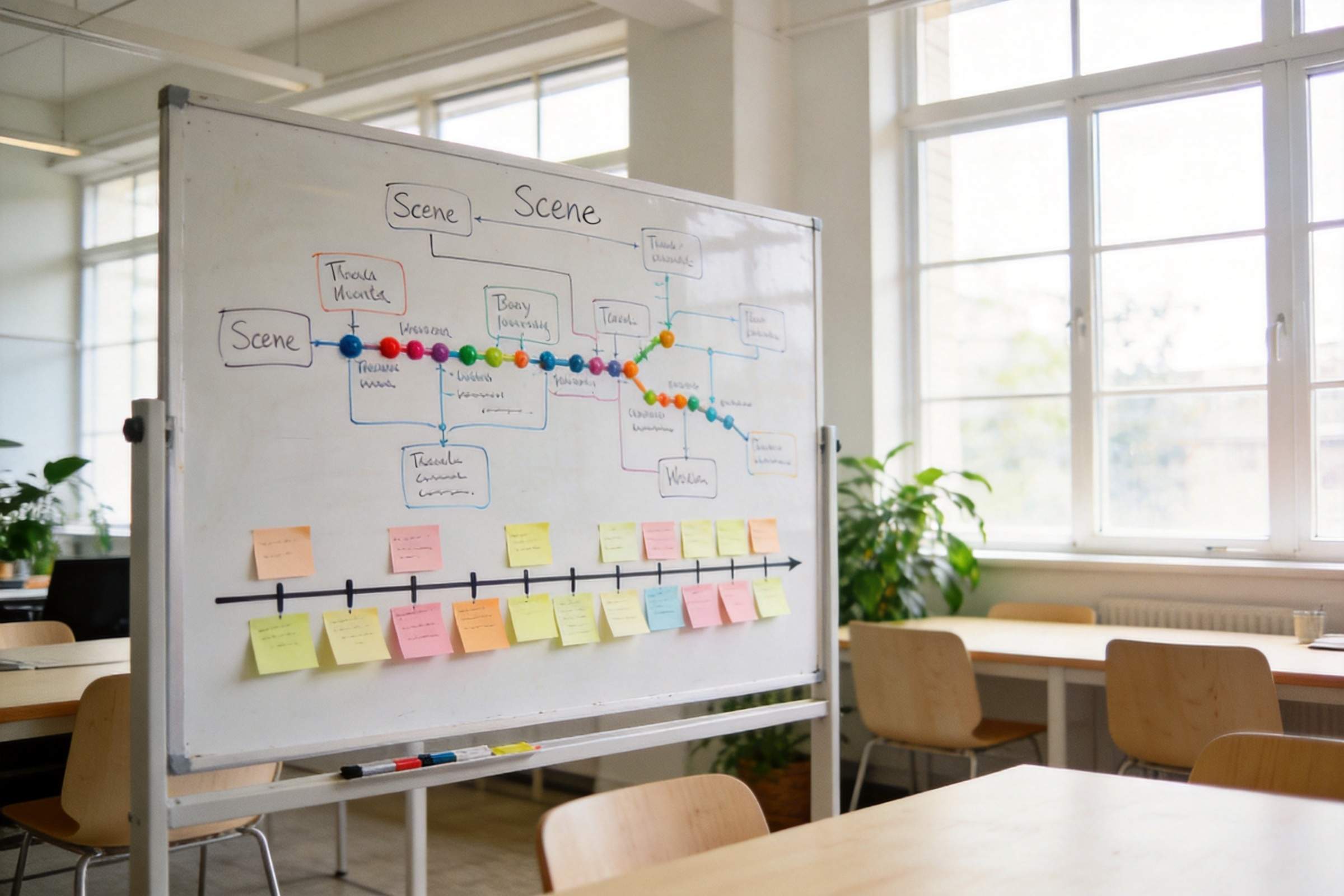 Whiteboard with a storyboard timeline, colored notes, and labeled scene boxes in a bright classroom
